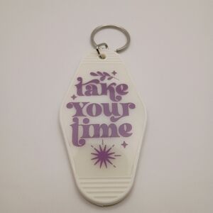 Retro Take Your Time Motel Keychain Purple White UV Resin Sealed Handmade Gift